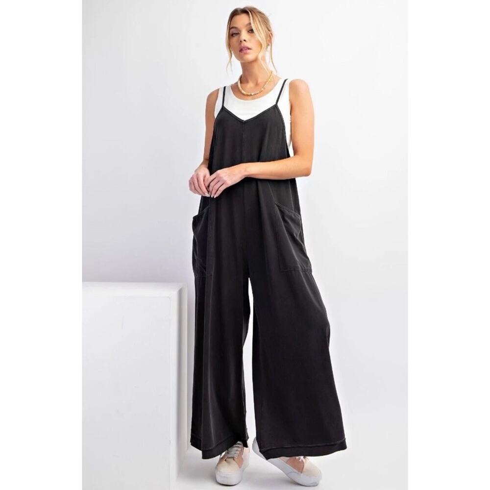 Easel Mineral Washed Cotton Wide Leg Jumpsuit Jumper Gray Small Romper